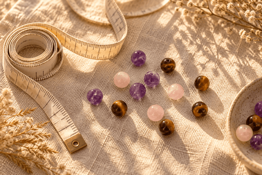 Perles en pierres naturelles à côté d'un mètre ruban, pour choisir la taille d'un bracelet