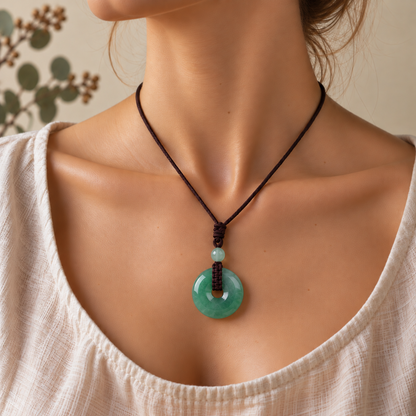 Nuée green aventurine necklace worn around the neck