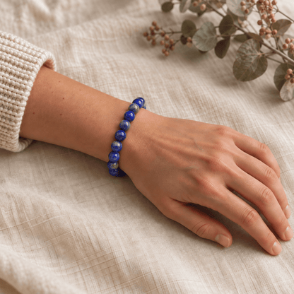 Halo lapis lazuli bracelet worn on the wrist