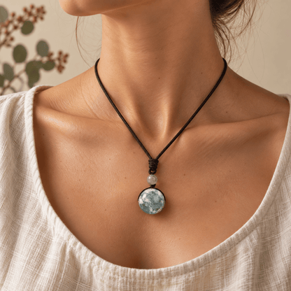 Orbe moss agate necklace worn around the neck