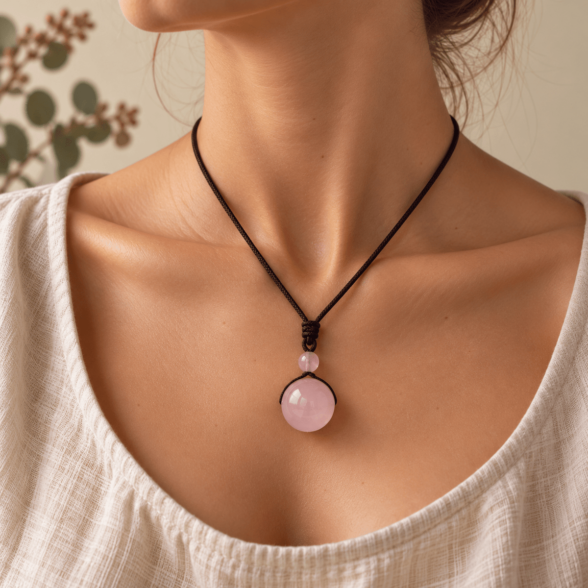 Orbe rose quartz necklace worn around the neck