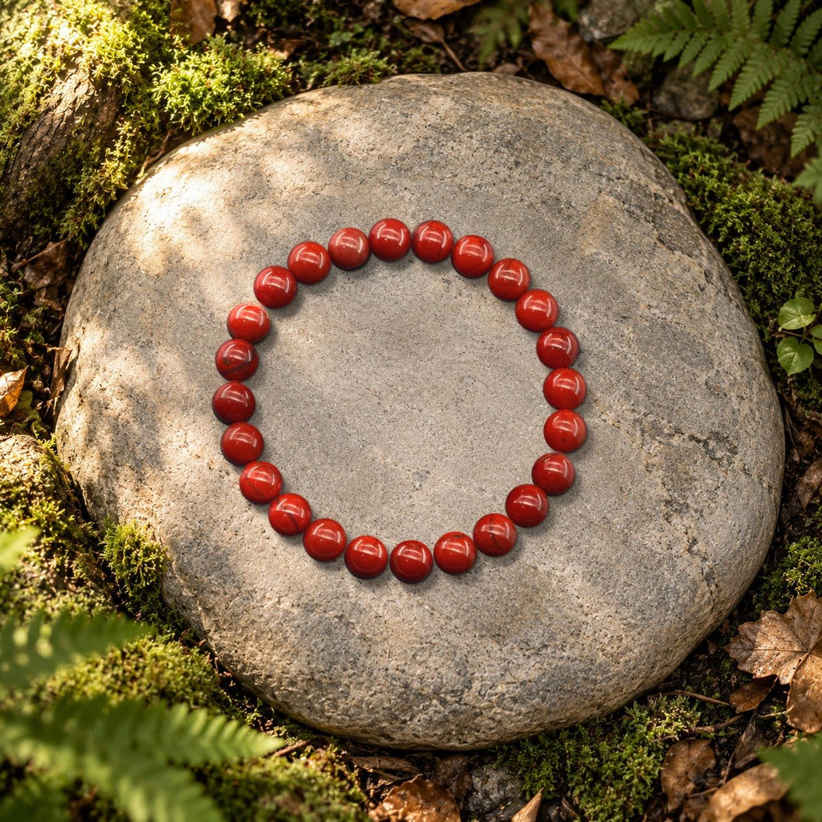 Bracelet jaspe rouge Halo en perles naturelles posé sur une pierre en forêt