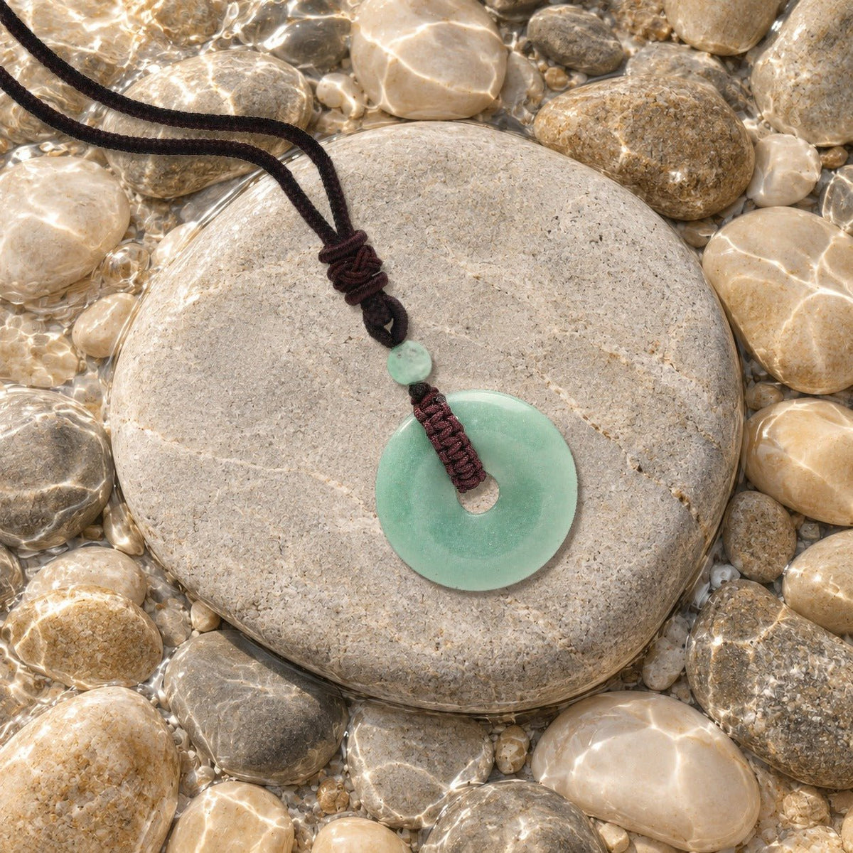 Collier donut aventurine verte Nuée posé sur un galet de rivière