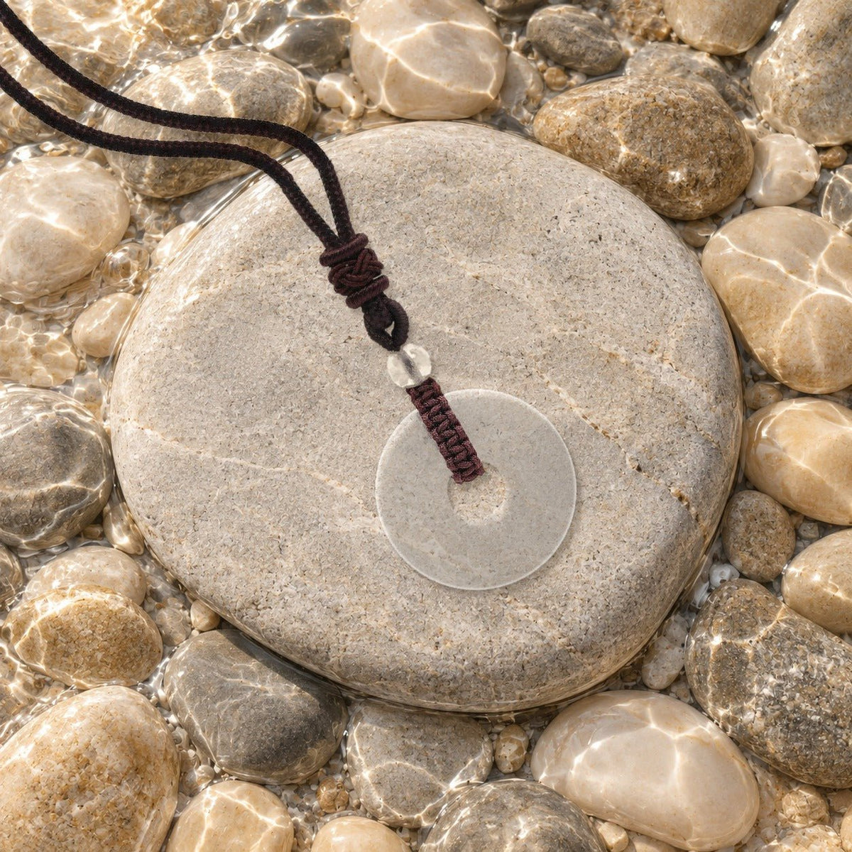 Collier donut cristal de roche Nuée posé sur un galet de rivière