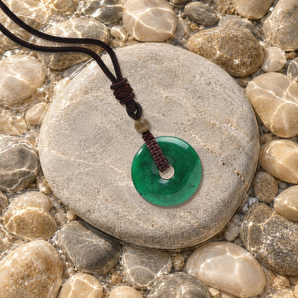 Collier donut jade vert Nuée posé sur un galet de rivière