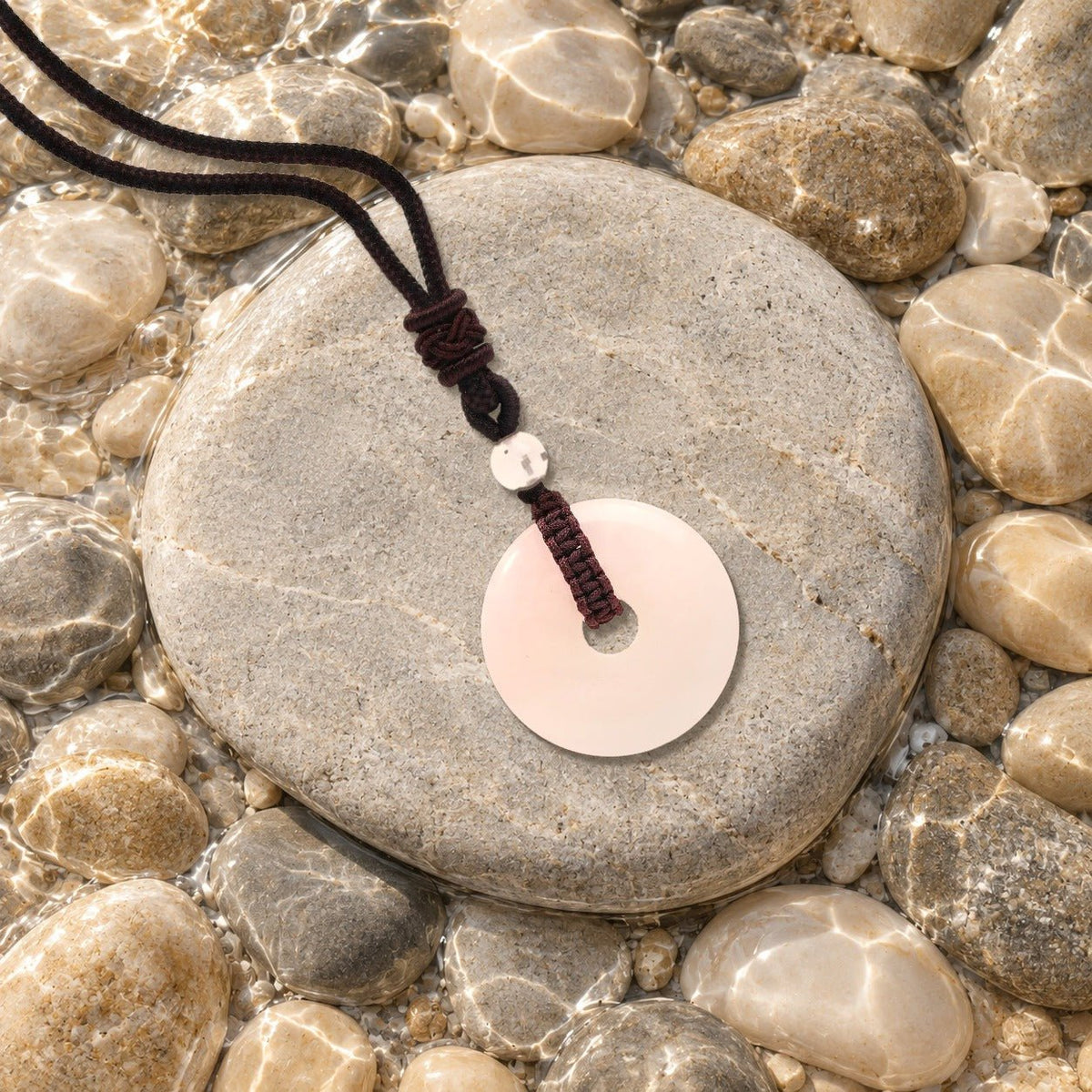 Collier donut quartz rose Nuée posé sur un galet de rivière